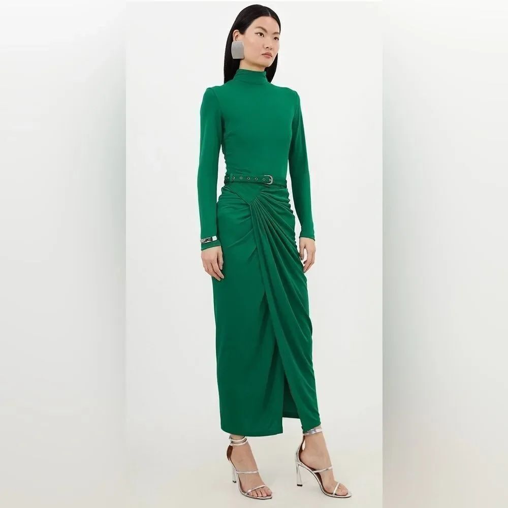 Karen Millen Premium Viscose Jersey Ruched Maxi Dress Green Long Sleeve Sz S
